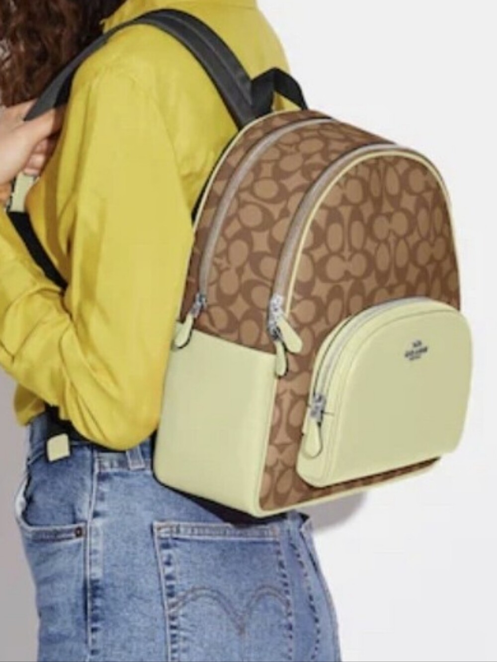 Coach Signature Canvas Backpack with Pale Yellow Trim